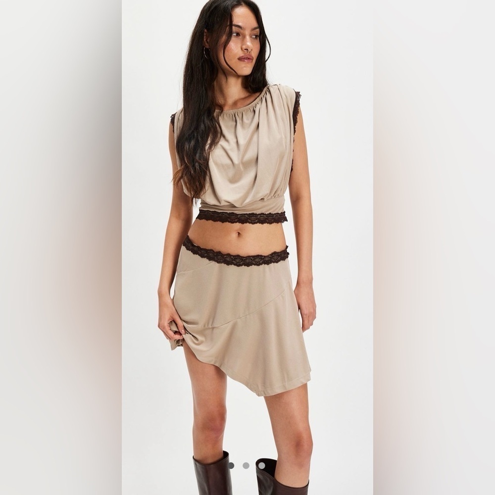 Free people mundet mini skirt set tan (smooth stone) with black lace trim L
